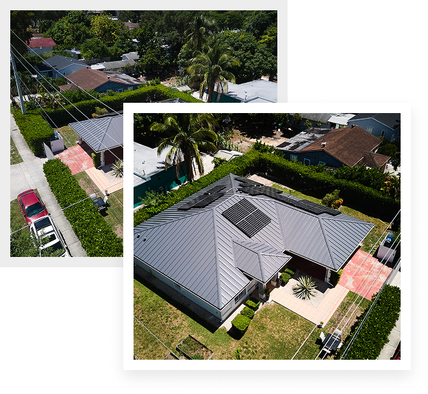 Aerial view of a modern house with a metal roof by affordable contractors, featuring solar panels and a well-kept yard, surrounded by hedges and driveways, with neighboring houses and trees in the background.