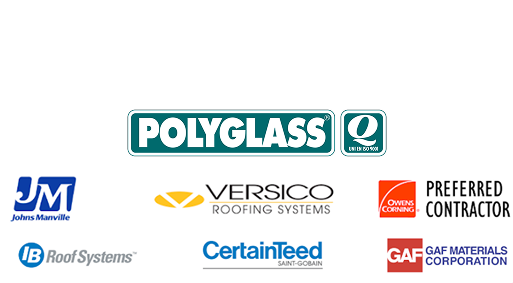 A collection of roofing company logos, featuring leaders in commercial roofing like Polyglass, Johns Manville, and Versico Roofing Systems—trusted by affordable contractors in Miami and beyond.