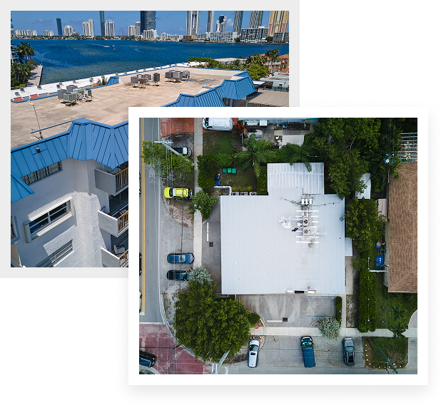 Two overlapping aerial photos: one highlights a flat white commercial roofing near a waterfront city skyline, while the other features a white-roofed building in a residential area surrounded by trees, cars, and streets.