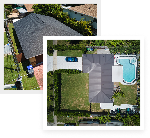 Aerial view of two Miami suburban homes with fenced yards; one has a swimming pool and driveway with a parked blue car. Both showcase quality residential roofing and are surrounded by lush greenery.
