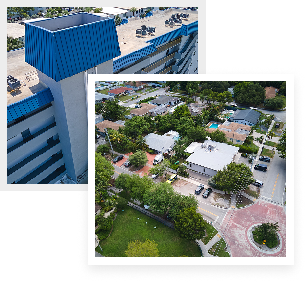 Aerial photos show a tall building with a blue roofing system installed by affordable contractors, alongside a neighboring residential area with houses, trees, parked cars, and a roundabout.