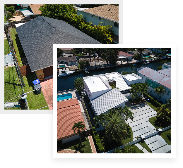 Two aerial photos of residential Miami homes with flat white roofing, palm trees, and a nearby water canal; one house has a driveway, while the other shows a backyard and swimming pool—perfect inspiration for projects by Affordable Contractors.