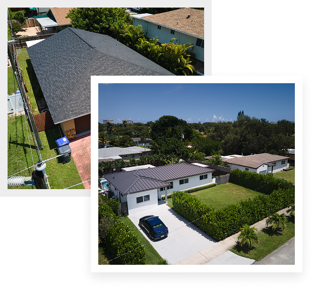Aerial view of two suburban houses with neatly trimmed lawns, driveways, and well-maintained residential roofing, surrounded by greenery and neighboring homes on a sunny day.