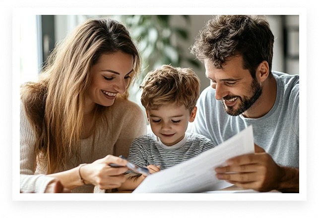 A smiling woman and man sit with a young boy at a table in Miami, looking at papers together. The woman points at roofing documents while the child and man watch, all appearing happy and engaged.