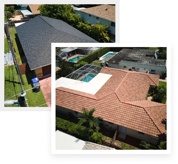 Aerial view of two suburban houses, one showcasing dark residential roofing and a green yard, the other with a red-tiled roof and screened pool; both surrounded by neighboring homes and lush greenery.