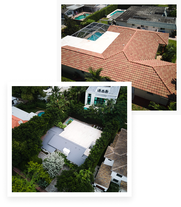 Two aerial photos of houses with swimming pools in their backyards, surrounded by trees and neighboring homes; one features a red-tiled roof and the other a flat white roof, both showcasing quality roofing—perfect inspiration from affordable contractors.