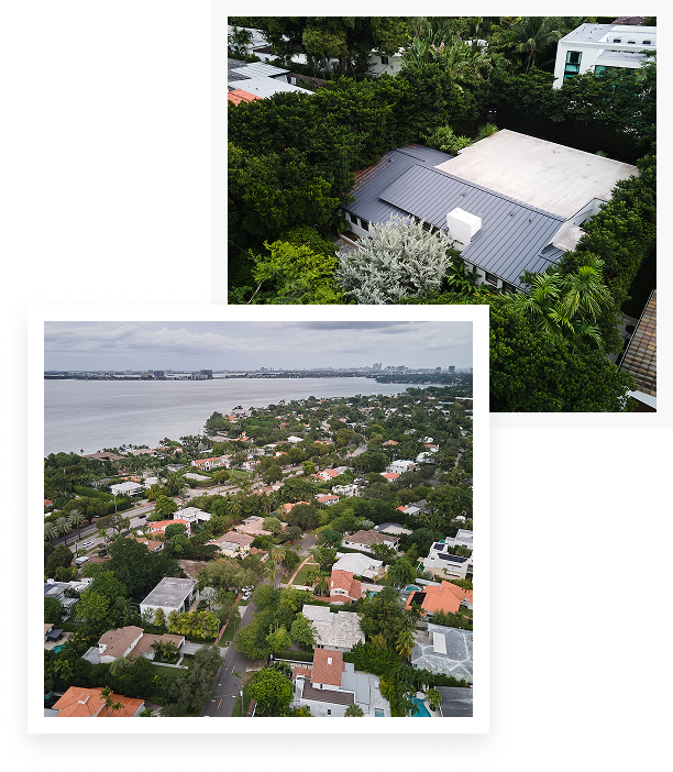 Top image shows rooftops of houses surrounded by dense greenery. Bottom image is an aerial view of a coastal residential neighborhood with roofing details, many trees, houses, and water in the background.