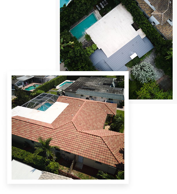 Two aerial photos of suburban homes: the top image shows a house with a white roof and backyard pool; the bottom features residential roofing with red tiles, a screened pool area, and lush greenery—perfect inspiration from affordable contractors.